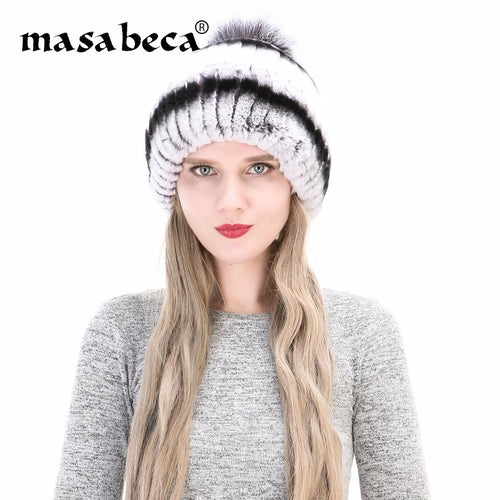 Female Fashion Warm Winter Hats Real Fox + Rex Rabbit Fur Genuine Plush Warm Winter Hats Thick Knitted Cap for Women Fur Beanies