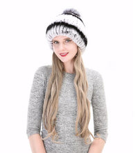 Load image into Gallery viewer, Female Fashion Warm Winter Hats Real Fox + Rex Rabbit Fur Genuine Plush Warm Winter Hats Thick Knitted Cap for Women Fur Beanies