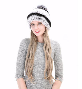 Female Fashion Warm Winter Hats Real Fox + Rex Rabbit Fur Genuine Plush Warm Winter Hats Thick Knitted Cap for Women Fur Beanies