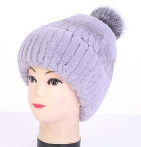Female Fashion Warm Winter Hats Real Fox + Rex Rabbit Fur Genuine Plush Warm Winter Hats Thick Knitted Cap for Women Fur Beanies
