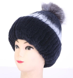 Female Fashion Warm Winter Hats Real Fox + Rex Rabbit Fur Genuine Plush Warm Winter Hats Thick Knitted Cap for Women Fur Beanies