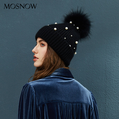 Winter Beanie Women's Pearl Curled Hat Pompom Thick Warm Hats 2018 New Brand Knitted Wool Beanies High Quality Skullies Beanies