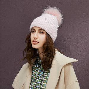 Winter Beanie Women's Pearl Curled Hat Pompom Thick Warm Hats 2018 New Brand Knitted Wool Beanies High Quality Skullies Beanies